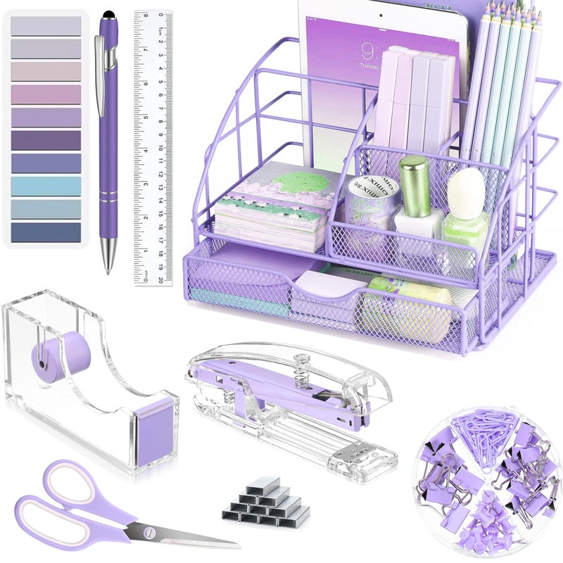 Scindaly Purple Desk Organizers and Accessories  Purple Office Supplies with Mesh Desk Organizer  Acrylic Tape Dispenser and Stapler  Staples  Ballpoint Pen  Clips Set  Ruler  Scissor  Sticky Labels - Image 1